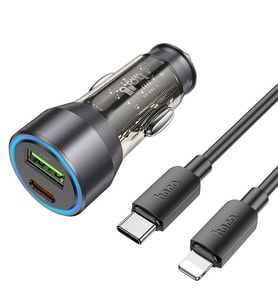 HOCO NZ12A Action PD43W USB + Type-C Araç Çakmaklık Hızlı Şarj Aleti + Type-C to iPhone Lightning Ka (Siyah)
