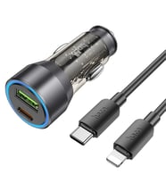 HOCO NZ12A Action PD43W USB + Type-C Araç Çakmaklık Hızlı Şarj Aleti + Type-C to iPhone Lightning Ka (Siyah)