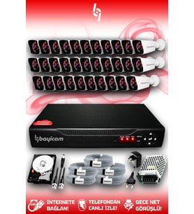 BAYICAM 32 Kameralı Kare 32 Dış Kamera Set 500 GB HDD Full HD Gece Görüşlü Güvenlik Kamerası Sistemi