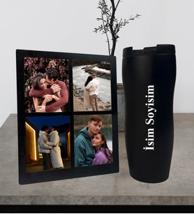 Kişiye Özel Premium  Termos Bardak Ve Fotoğraflı Dört Resimli Siyah Kolaj Masaüstü Fotoğraf Siyah Çerçeve