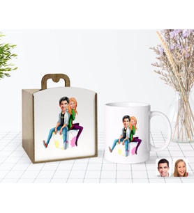 BK Gift Kişiye Özel Ahşap Kutuda Sevgililer Karikatürlü Beyaz Kupa Bardak-35