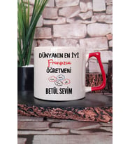 Dünyanın En İyi Fransızca Öğretmeni Baskılı Kişiye Özel Öğretmenler Günü Kırmızı Kulplu Kupa Bardak