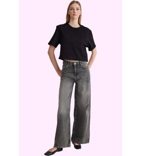Kadın Geniş Paça Baggy Jeans Kot Pantolon Pamuk Günlük Kombinler Yaz Aylarının Vazgeçilmezi (Koyu Mavi)