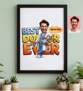 Kişiye Özel Karikatürlü Erkek Doktor Siyah Çerçeve Tıp Bayramı Hediyesi