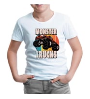 Monster Trucks Circle Sunset Background Beyaz Çocuk Tshirt