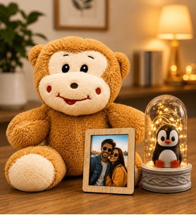Kişiye Özel Fotoğraflı Hediye Seti – Peluş Maymun ve LED Işıklı Penguen Fanus