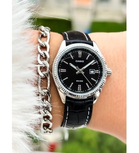 Casio Siyah Deri Kordon,Gümüş Renk Kasa, Takvmli Kadın Kol Saati+Bileklik