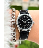 Casio Siyah Deri Kordon,Gümüş Renk Kasa, Takvmli Kadın Kol Saati+Bileklik