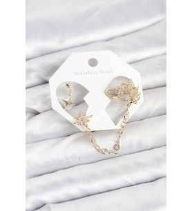 Kutup Yıldızı Model Pirinç Gold Renk Zincir Bağlantılı Ear Cuff Küpe Seti - TJ-BKP11550