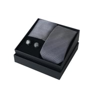 Esgue Gri Kol Düğmesi Hand Made Gri Desenli 7.5 cm Kravat Mendil Kutulu Hediye Seti