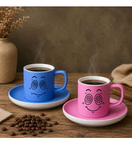 BK Gift 2'li Mavi ve Pembe Renkli Emoji Yüz Tasarımlı Seramik Türk Kahvesi Fincanı Takımı-1