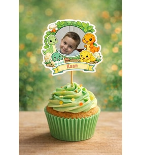 Kişiye Özel Dinozor Temalı 6 Adet Cupcake Süsü 8 cm  İsimli Fotoğraflı Doğum Günü Süsü
