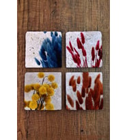 Doğal Taş Bardak Altlığı 4'lü Set - Renkli Bitkiler Baskılı - Stone Coasters