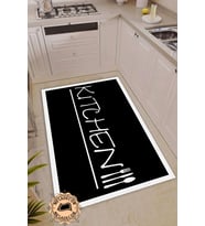 Beyaz Kenarlı Modern Halı Makinede Yıkanabilir Dekoratif Yolluk Kitchen Yazılı Mutfak Halısı (Siyah)