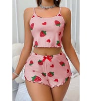 Çilek Desenli Crop Askılı Şort Yazlık Pijama Takımı Ryl - S-49 — Beden: S-M