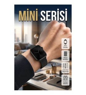 SQ-16 Mini Series 10 Akıllı Saat – Silikon, Metal ve Deri 3 Kordonlu Bileklik Seti