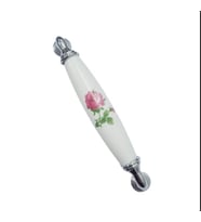 Beyaz Porselen Güllü Kulp krom Ayaklı 128 mm 5’li Set Dekoratif Mobilya Kulpu