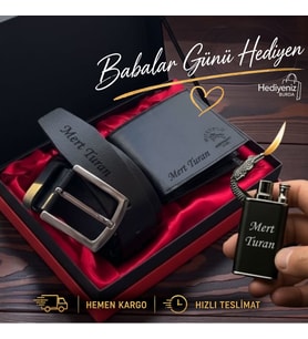 Kişiye Özel Lüks Hakiki Deri Cüzdan Kemer Çakmak Hediye Seti - Premium Hediye Paketli - Sevgiliye Eşe Babaya Arkadaşa Hediye