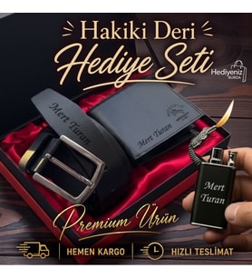 Kişiye Özel Lüks Hakiki Deri Cüzdan Kemer Çakmak Hediye Seti - Premium Hediye Paketli - Sevgiliye Eşe Babaya Arkadaşa Hediye