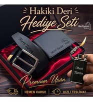 Kişiye Özel Lüks Hakiki Deri Cüzdan Kemer Çakmak Hediye Seti - Premium Hediye Paketli - Sevgiliye Eşe Babaya Arkadaşa Hediye