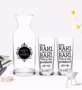 BK Gift Kişiye Özel Renkli Baskılı Drink Rakı Tasarımlı İkili Rakı Bardağı ve Karaf Hediye Seti-1 (Model 1)