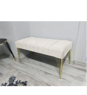 Modern Çizgi Model Puf Ayakucu Bench Gold Metal Ayak 90 cm (Beyaz)