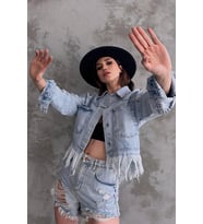 Kadın Buz Mavi Saçak Detaylı Denim Ceket