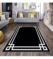 Siyah Beyaz Geometrik Çerçeveli Yıkanabilir Kaymaz Taban Leke Tutmaz Modern Salon Halısı ve Yolluk (Beyaz-Siyah)