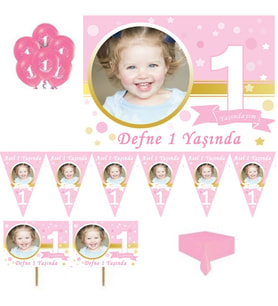 1 Yaş Doğum Günü Süsleri Afişli Kız Pırıltılı First Birhday Set-