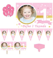 1 Yaş Doğum Günü Süsleri Afişli Kız Pırıltılı First Birhday Set-