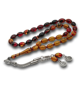 Metal Püsküllü Bordo Amber Sıkma Kehribar Tesbih