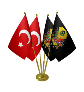 Masa Üstü Siyah Osmanlı Arması Bayrağı Türk Bayrağı Dörtlü Pirinç Direk Masa Bayrak Seti