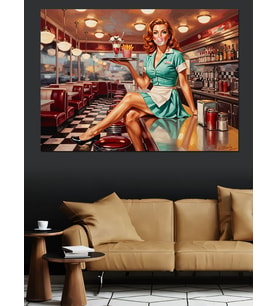 Retro Restoranda Oturan Garson Pin-Up Kadın Dekoratif Kanvas - Mdf Ahşap Tablo