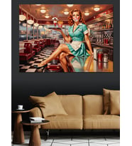 Retro Restoranda Oturan Garson Pin-Up Kadın Dekoratif Kanvas - Mdf Ahşap Tablo