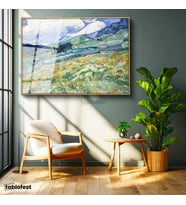 Altın Renk Metal Çerçeveli Tamperli Cam Tablo Vincent van Gogh Tepe ve Alan Manzarası Ressam Tablosu Duvar Dekoru