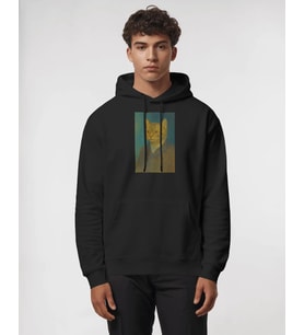 Erkek Van Gogh Kedi Portresi Baskılı Siyah Hoodie – 3 İplik Şardonlu Kapüşonlu Sweatshirt