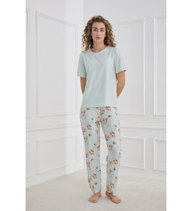 Kadın Çiçek Desenli Bisiklet Yaka Pijama Takım  Mint 30102-1286