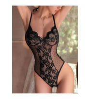 Özel Bölgesi Açık Puantiye Tül Dantel Body Fantezi Gece Giyim (Siyah)
