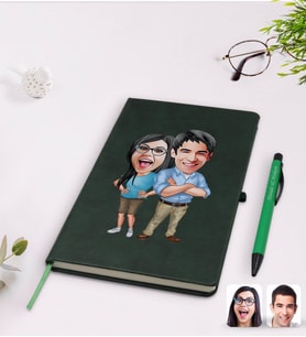BK Gift Kişiye Özel Sevgililer Karikatürlü Yeşil Termo Deri Defter Kalem Seti Model 101