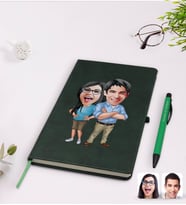 BK Gift Kişiye Özel Sevgililer Karikatürlü Yeşil Termo Deri Defter Kalem Seti Model 101