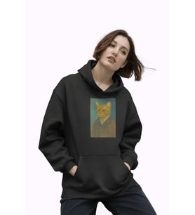 Kadın Van Gogh Kedi Portresi Baskılı Siyah Hoodie – 3 İplik Şardonlu Kapüşonlu Sweatshirt