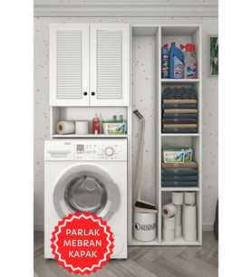 Kenzlife membran çamaşır makinesi dolabı sinemsüpürge byzbyz panjur 180*126*30 mebran kapak suntalam gövde kapaklı arkalıklı raflı (Beyaz-Gri)