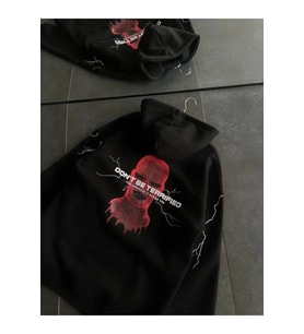 Üç İplik Kapşonlu Baskılı Oversize SweatShirt- Siyah