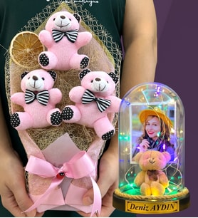 Kişiye Özel Renkli Led Işıklı Fanus ve Büyük Boy Pembe Ayıcık Buketi Hediye Seti (Model 9)