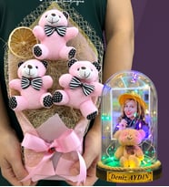 Kişiye Özel Renkli Led Işıklı Fanus ve Büyük Boy Pembe Ayıcık Buketi Hediye Seti (Model 9)