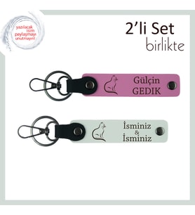 Patisiyle Gönlüne Girenlere, Kedi Figürlü, İsme Özel 2’li Anahtarlık Hediyesi, Pembe-Beyaz