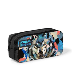 Coral High Kids Gri Siyah Kurt Desenli İki Bölmeli Kalem Çantası 12065