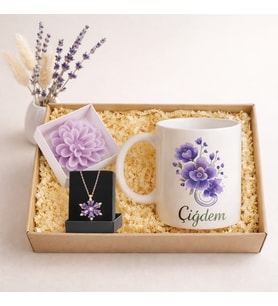 Kişiye Özel Mor Çiçek Kupa Bardak  Lotus Kolye & Mum  Hediye Kutulu Set