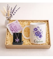 Kişiye Özel Mor Çiçek Kupa Bardak  Lotus Kolye & Mum  Hediye Kutulu Set
