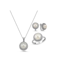 Doğal İnci Taşlı Küpe Kolye Yüzük Üçlü Set (Beyaz)